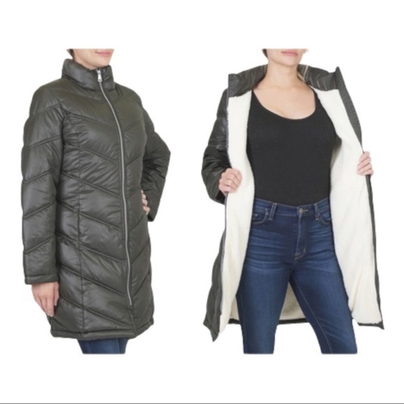 CoffeeShop Jackets & Blazers - C.S. BYCoffeeShop Sherpa-Lined Quilted Chevron Long Puffer Jacket Women's LARGE